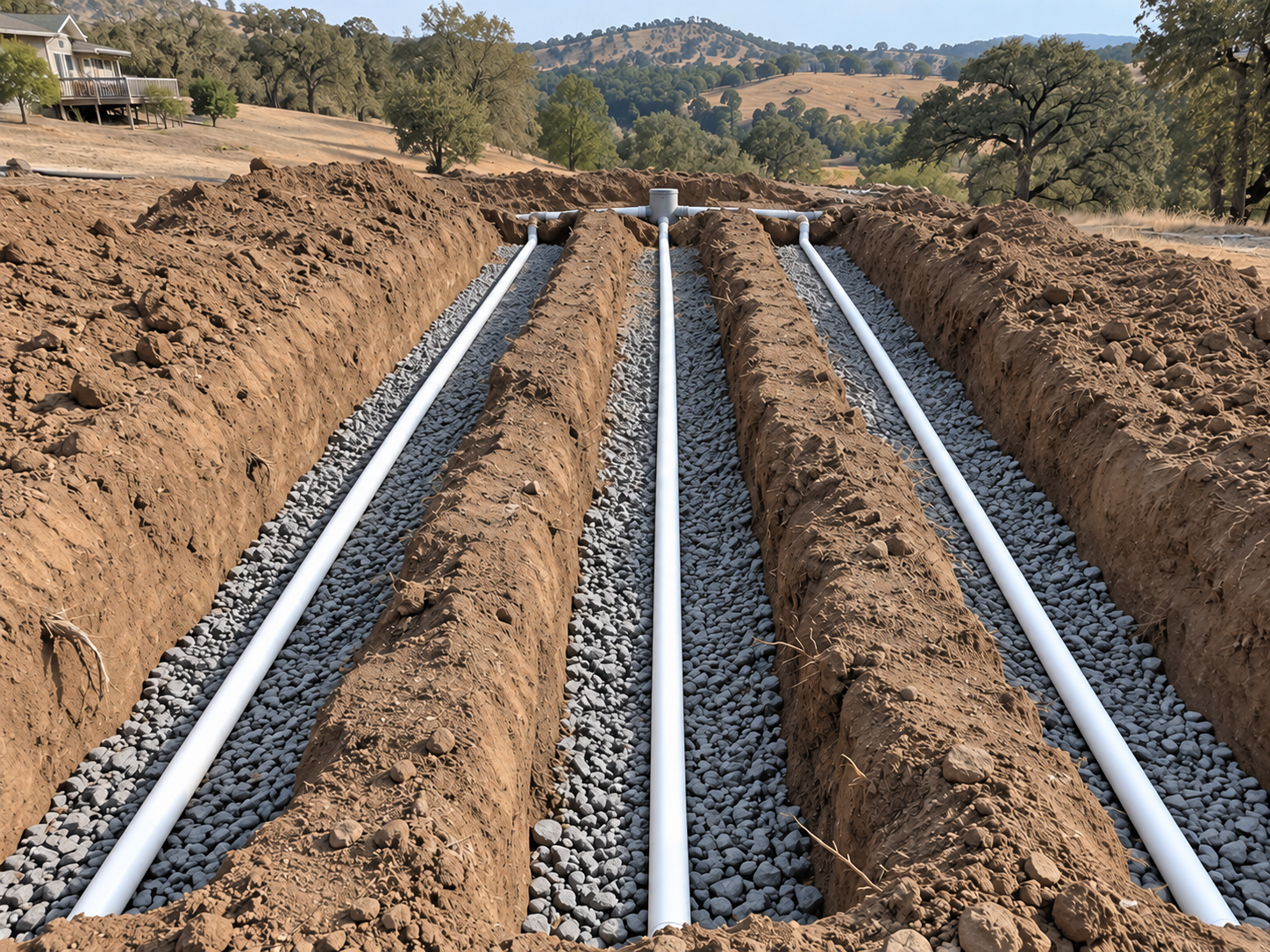 Example of septic leach-line trenches with white pipe perforations facing down into drain rock